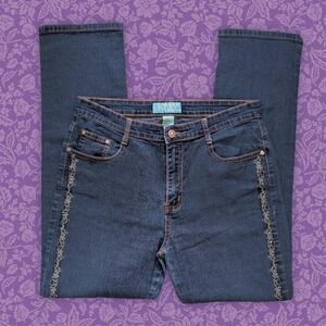 2000s Jean Bay Mid-Wash Embroidered Floral Straight Leg Jeans | Size 10